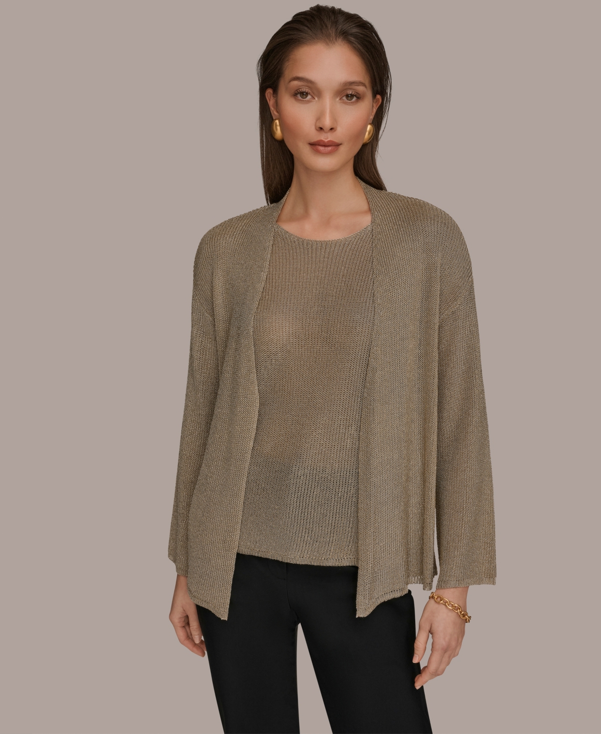Women's Metallic V-Neck Long-Sleeve Cardigan - Tan/Beige