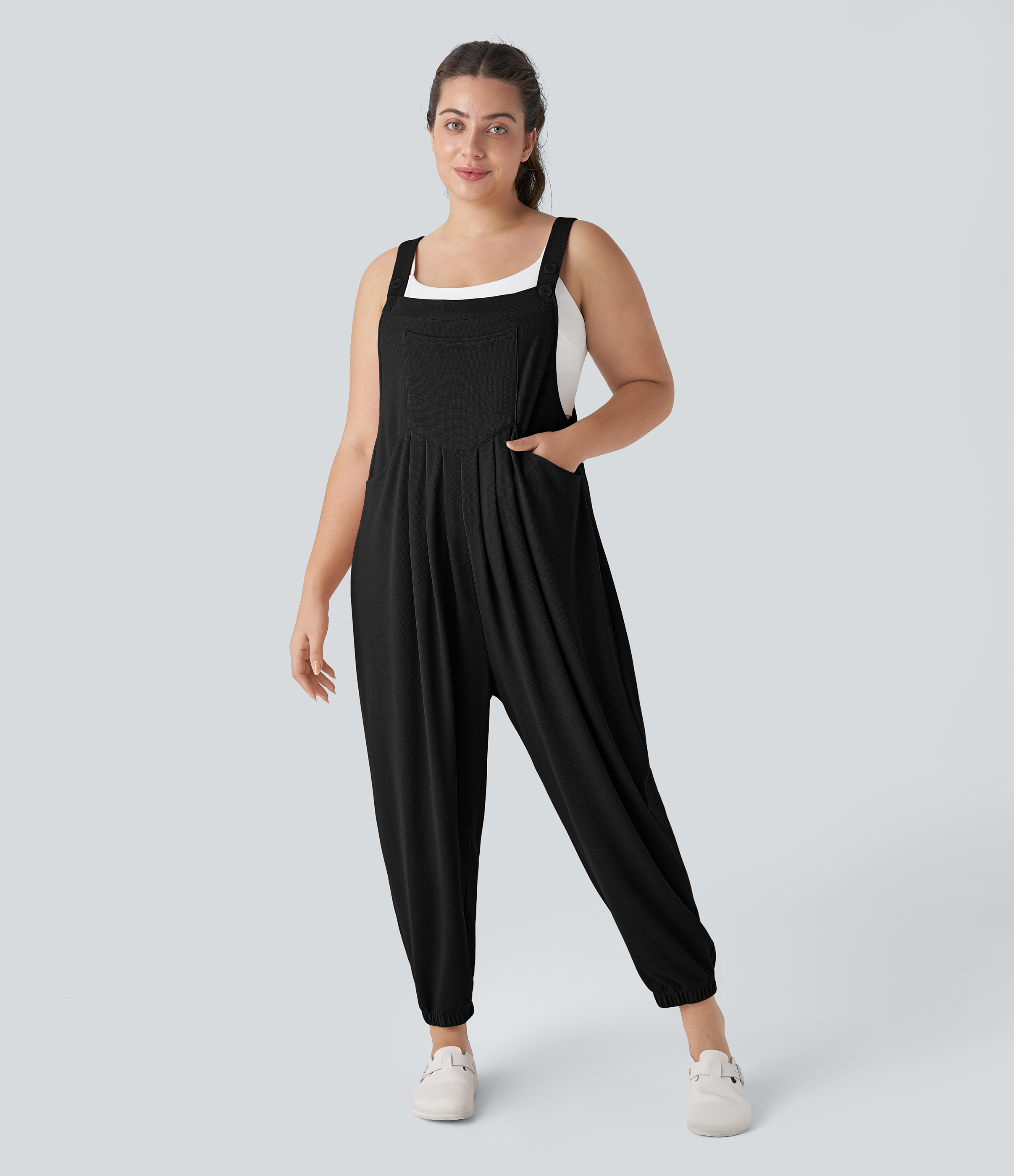 Pockets Waffle Casual Plus Size Jogger Overalls  - Black