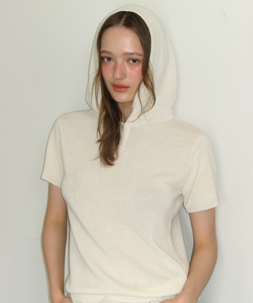 BUTTON HOODED FRILL HALF SLEEVE KNIT IVORY