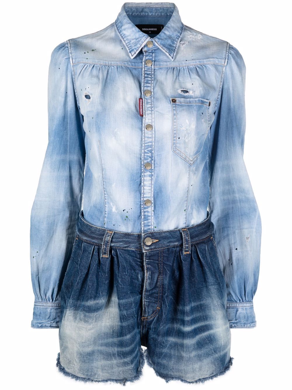 Two-tone distressed denim playsuit - Blue