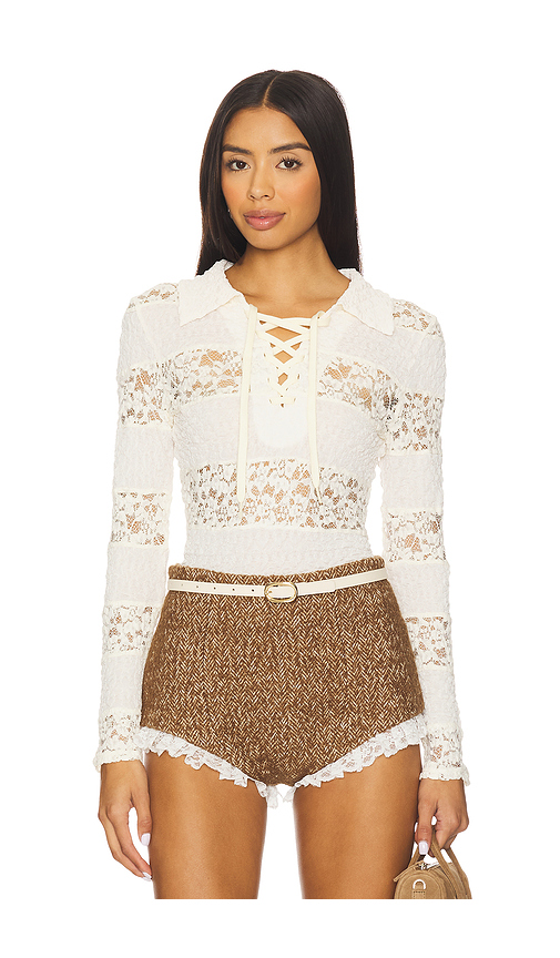 Yuhan Wang Collared Stripe Lace Polo Top in Ivory. S. Also in L