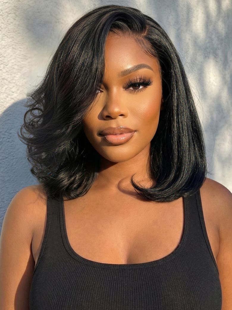 7x5 Bye-Bye Slip™ Lace Natural Black Side Part Blowout Bob Wig with Soft Curled End