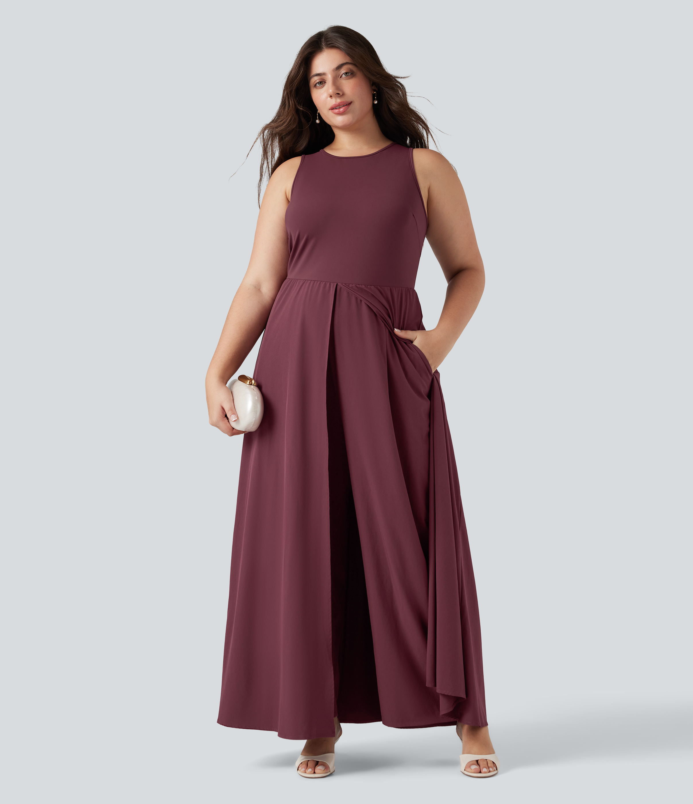 Plus Size Breezeful™ Sleeveless Quick Dry Overlay Jumpsuit with Pockets  - Amaranth