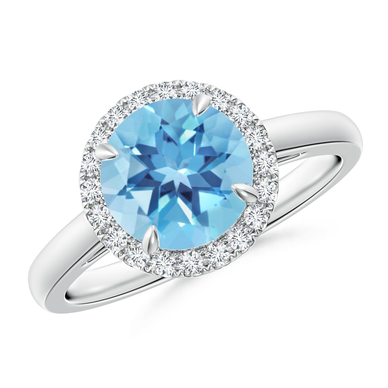 Angara 2.35 Carats Round Swiss Blue Topaz Cathedral Ring with Diamond Halo in Platinum