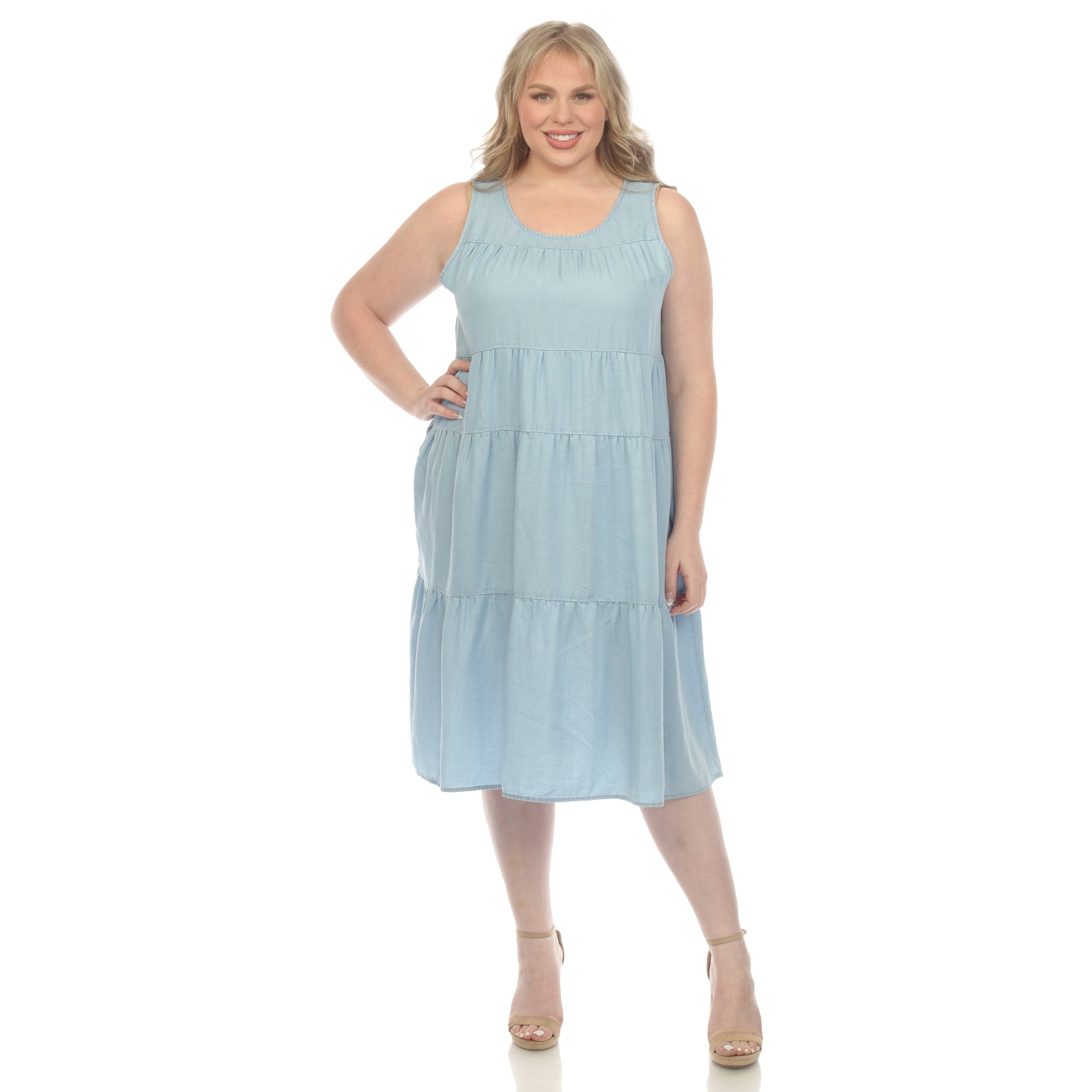 Women's Plus Size Sleeveless Tiered Chambray Midi Dress