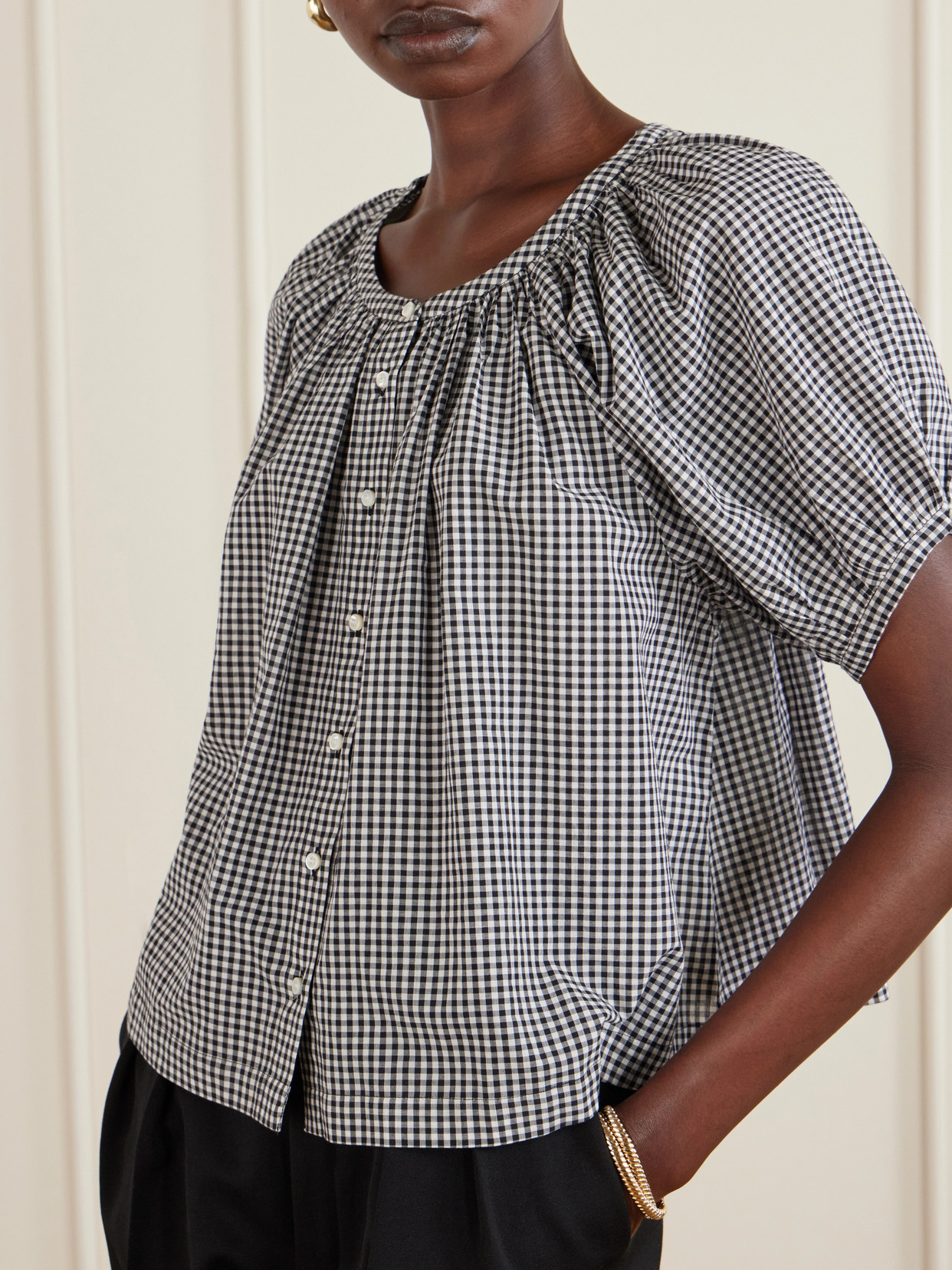 June Gathered Checked Cotton Blouse - Black