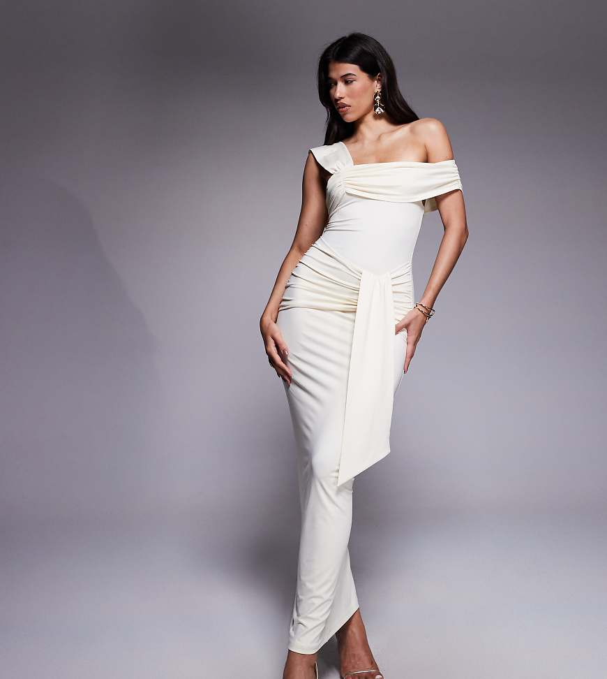 Exclusive slinky bardot drape detail maxi dress in cream-White