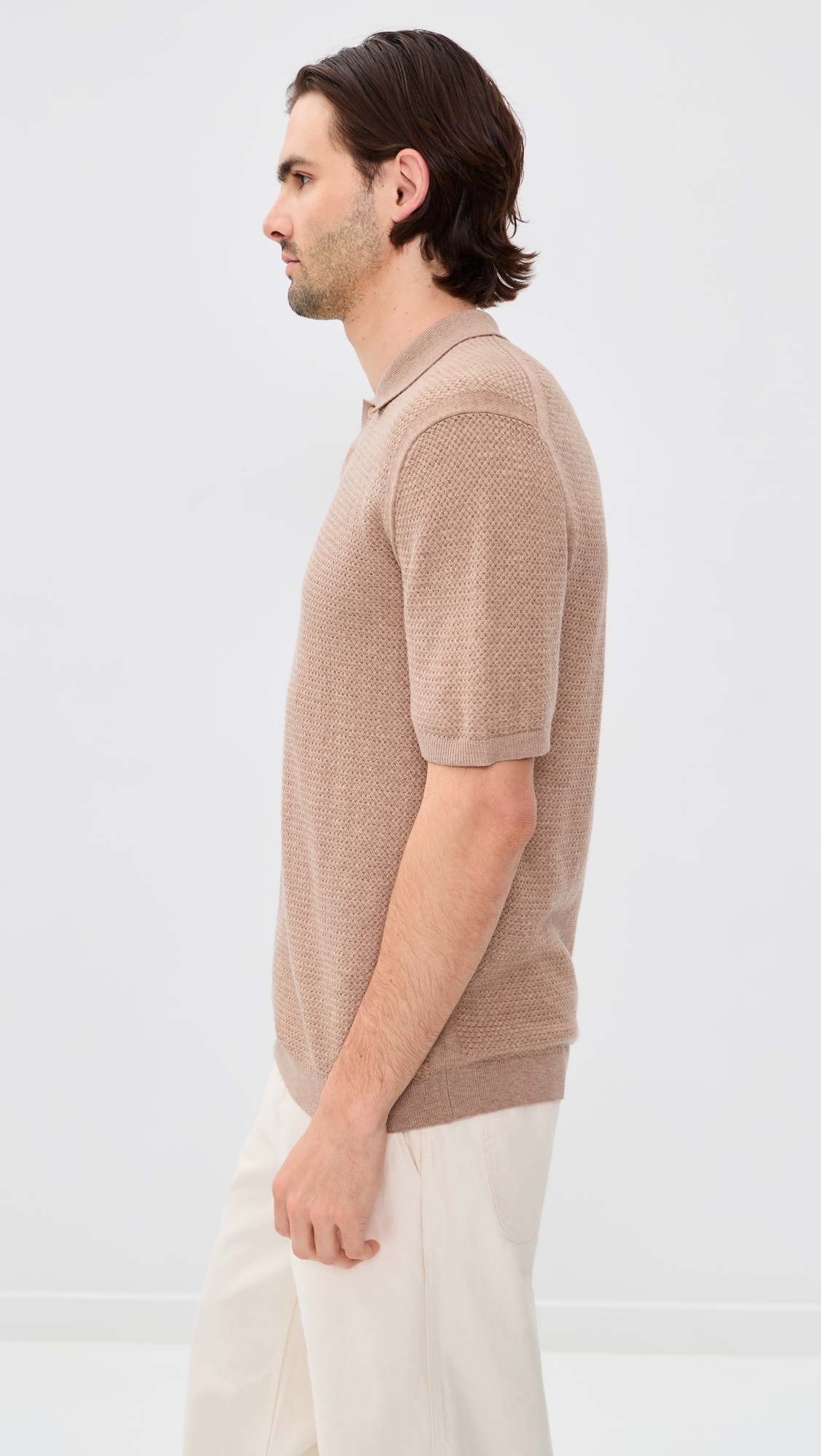 Textured Merino Cotton Short Sleeve Polo Roasted Almond