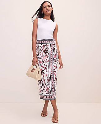 Ann Taylor Weekend Palm Tree Print Sarong Midi Skirt in Linen Blend
