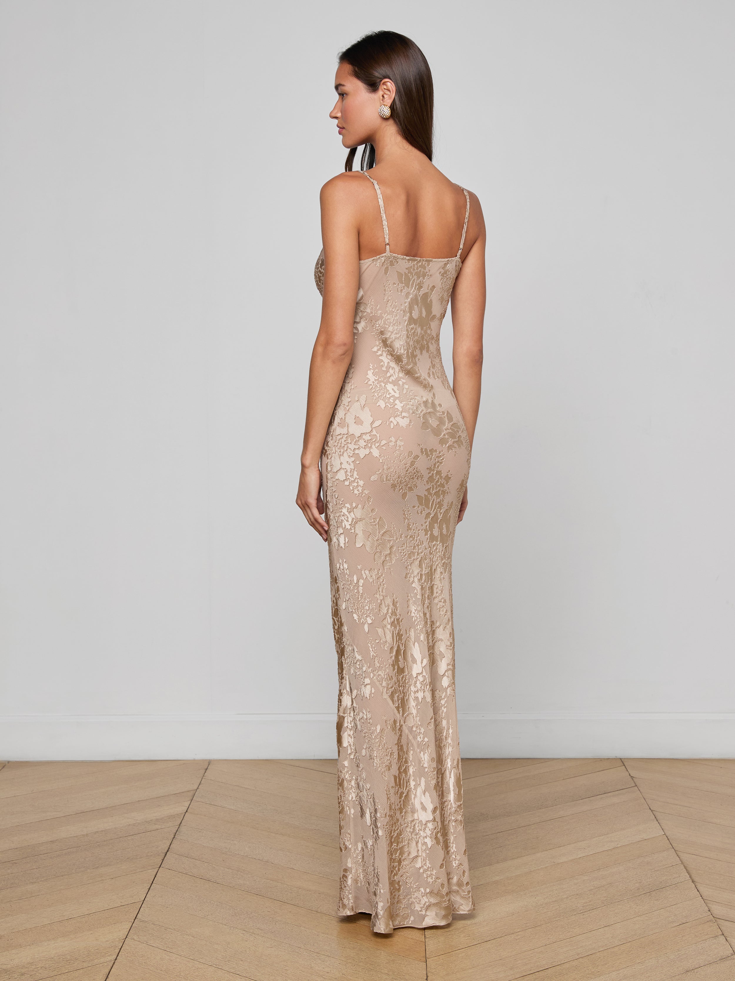 Christine Burnout Satin Gown In Feather Grey