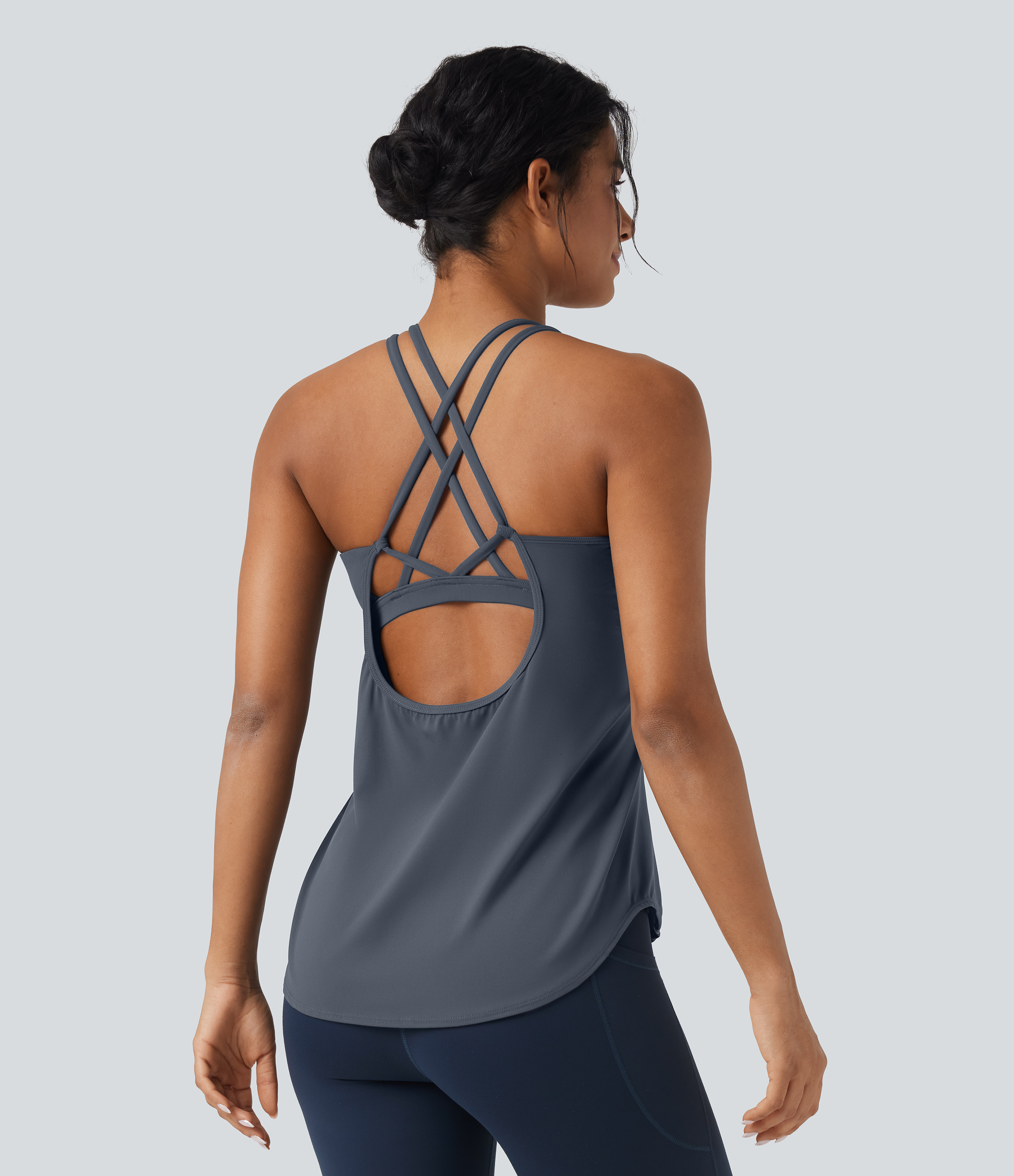 UltraSculpt™ Round Neck Crisscross Back Running Tank Tops DD-F Cups Tank Top - Silent Blue