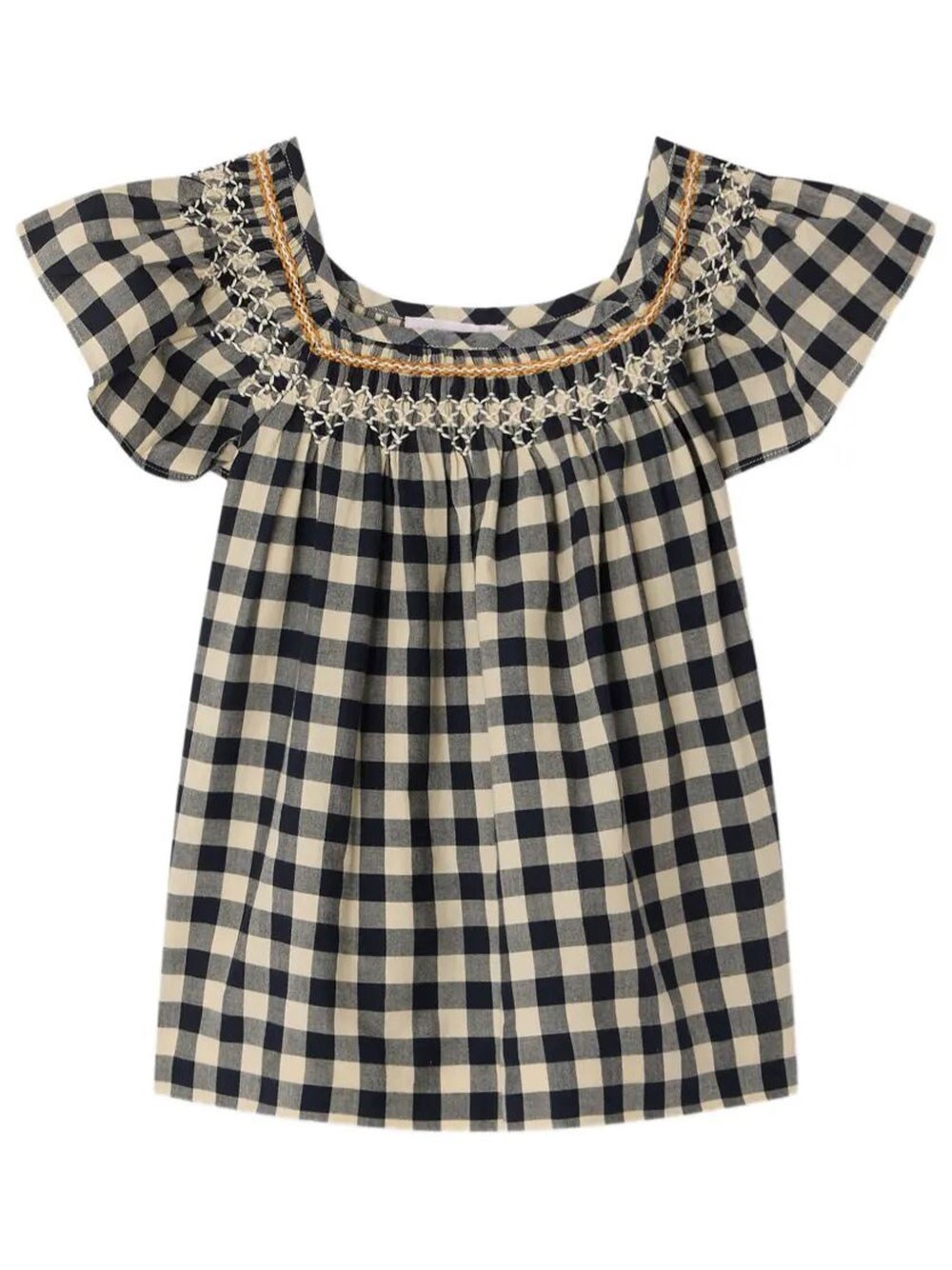 Carlie Checkered-Print Hand-Embroidered Blouse