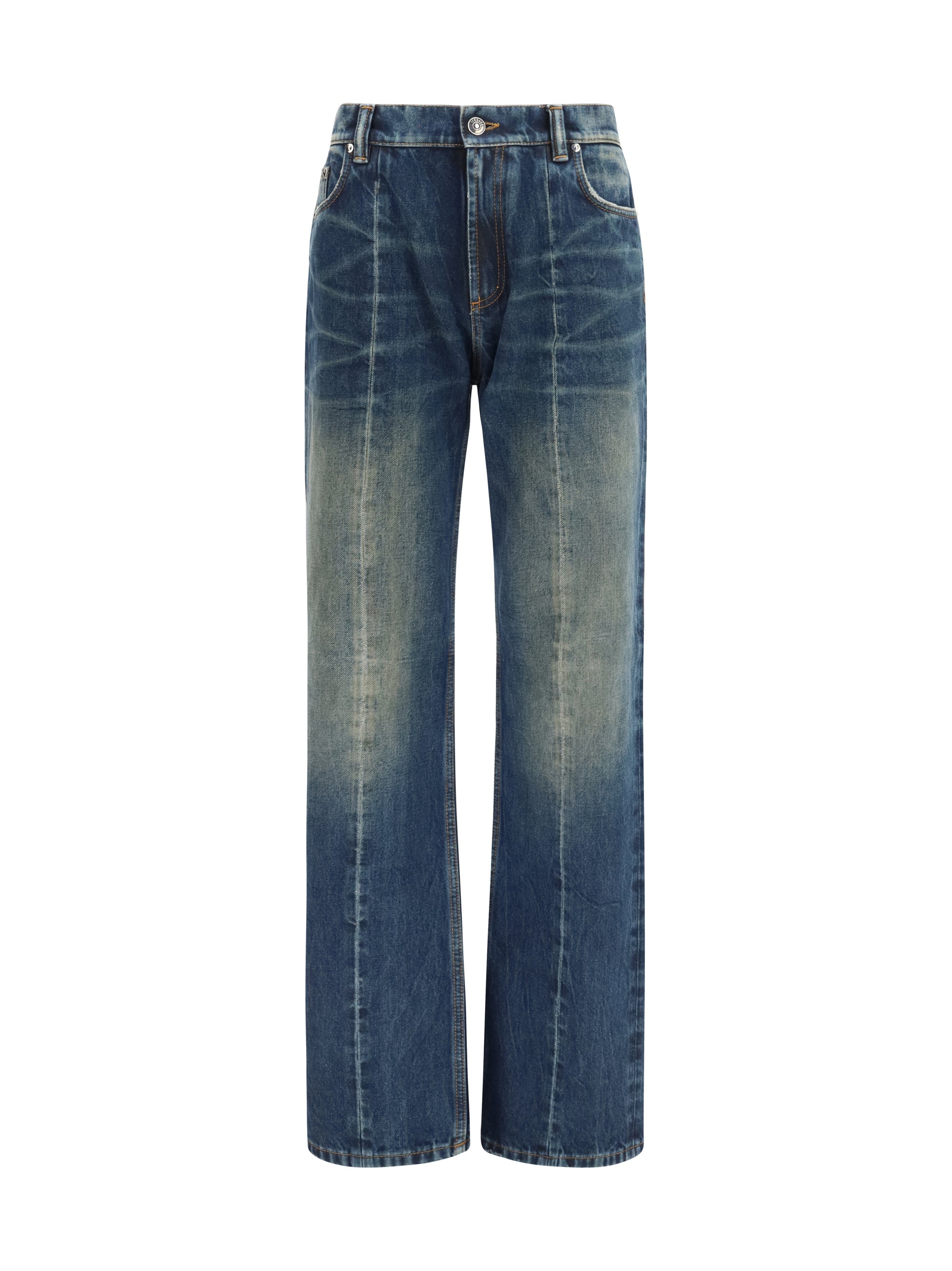 Distressed Straight-Leg Cotton Denim Jeans — Blue