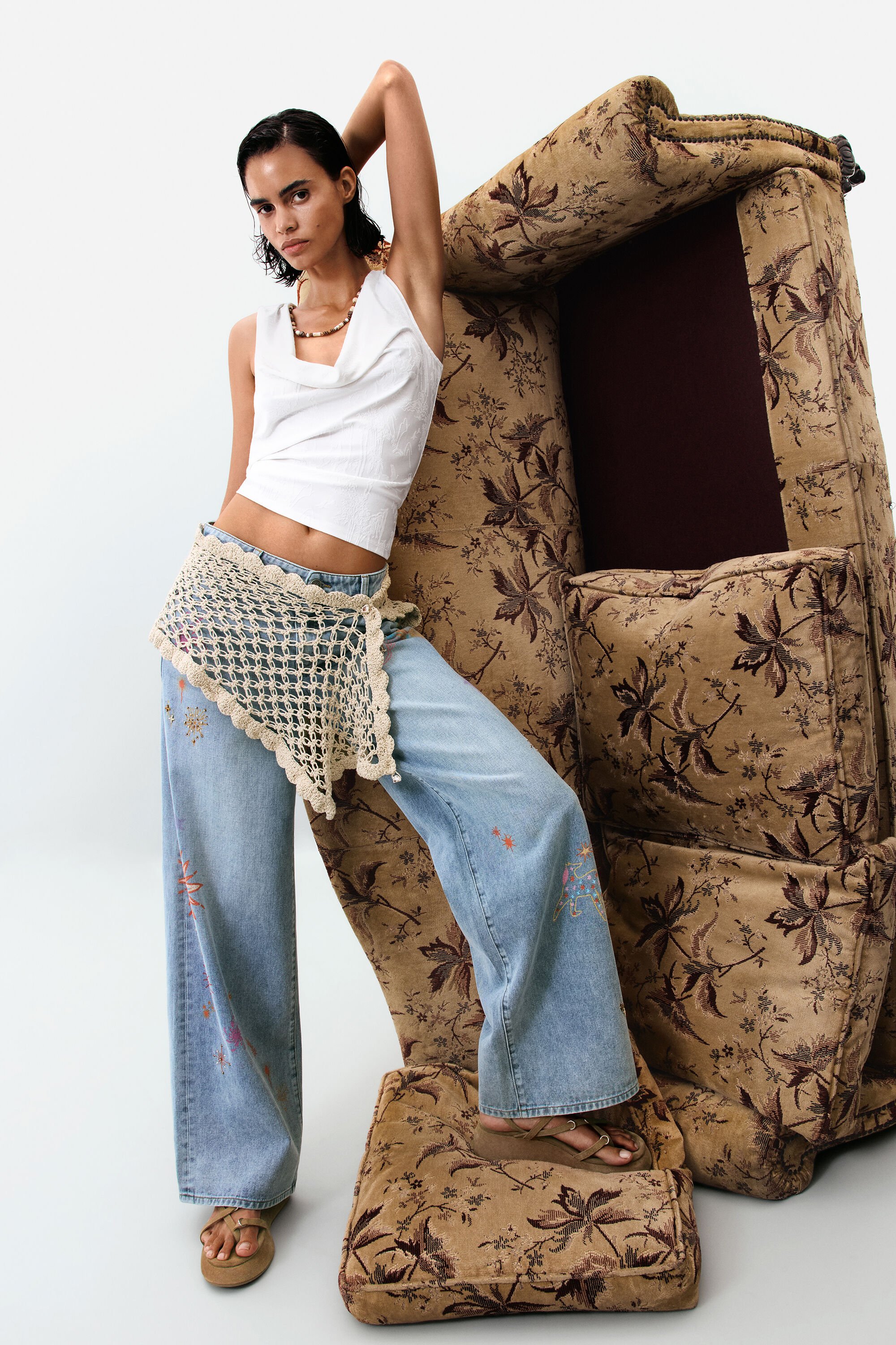 Printed denim trouser