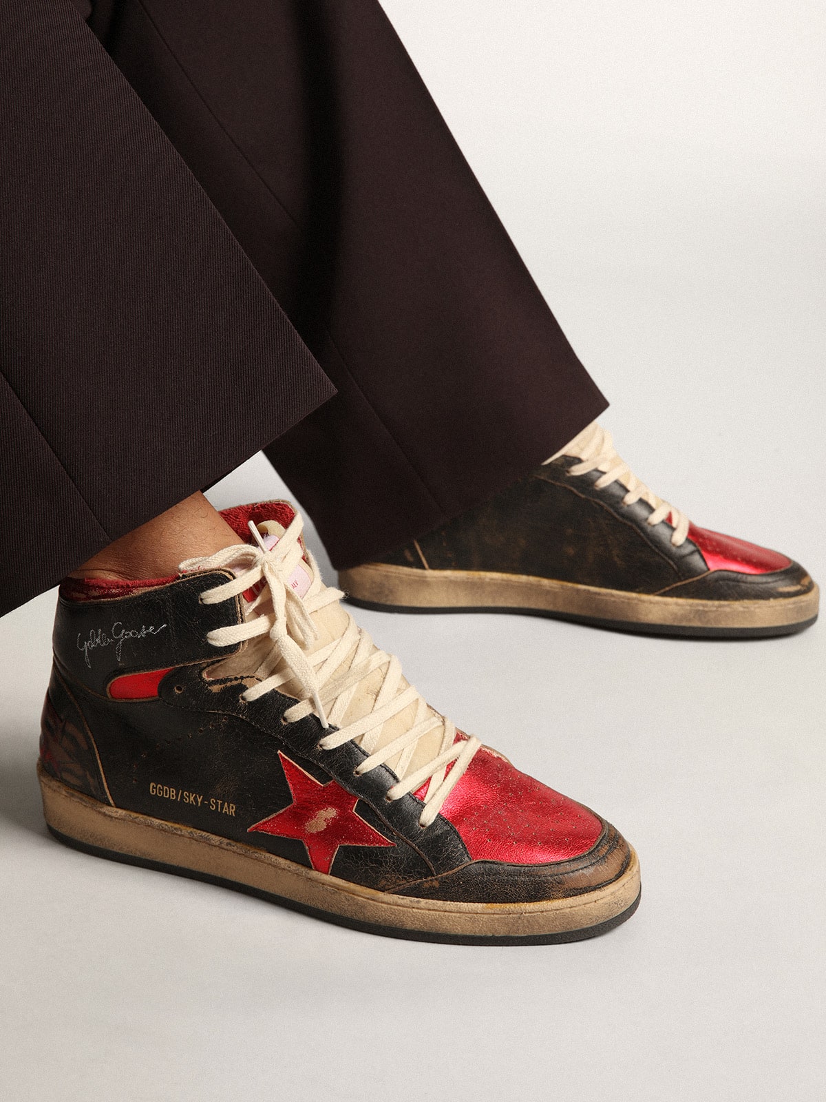 Golden Goose - Men's Sky-star In Glossy Black Leather With Red Star, Man