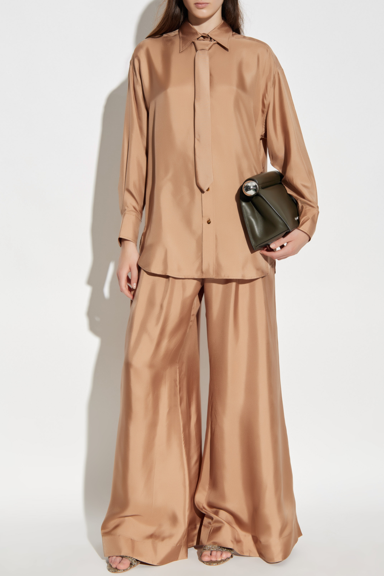 Silk Wide-leg Trousers, Women's, Beige