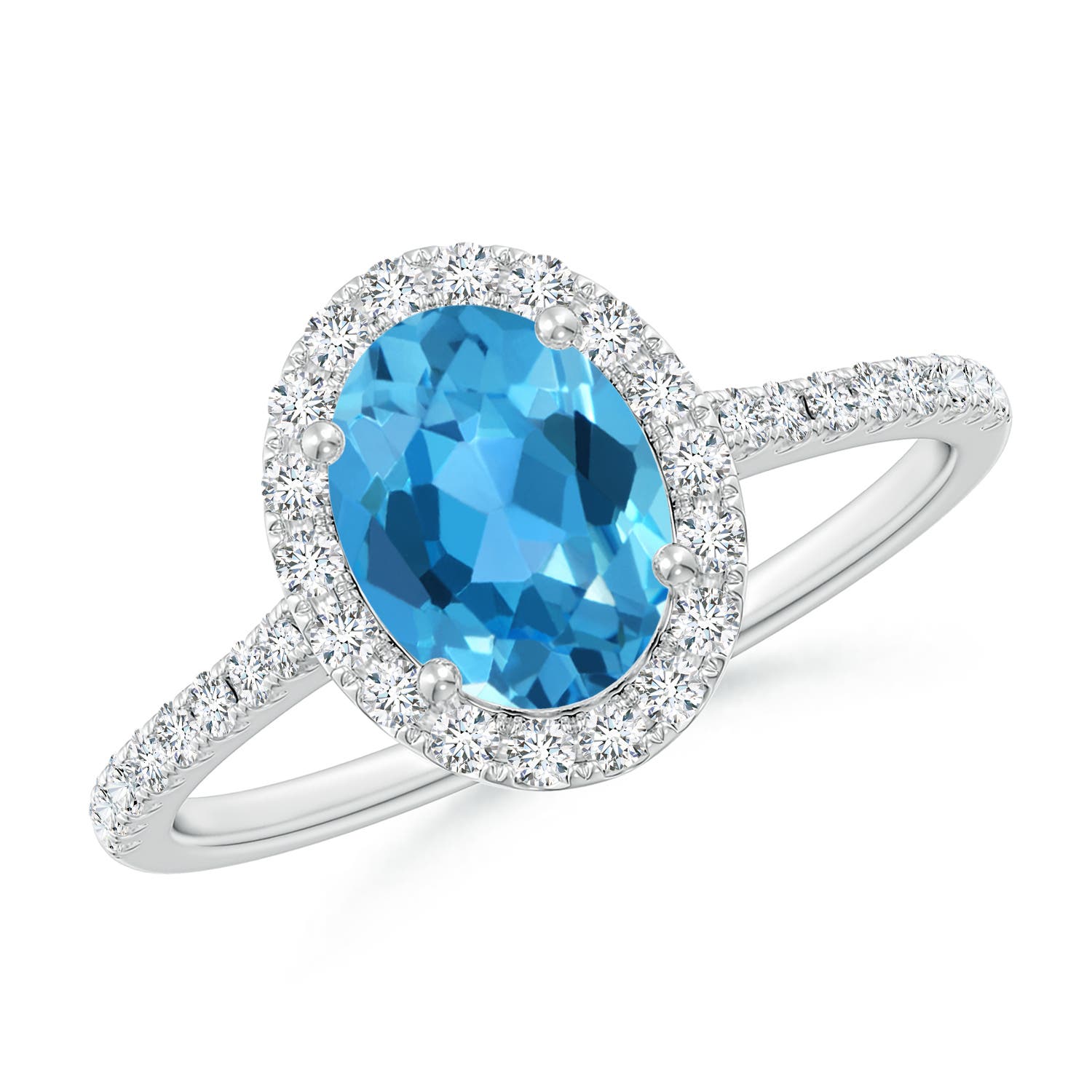 Angara 1.5 Carats Prong-Set Oval Swiss Blue Topaz Halo Ring with Diamonds in Platinum