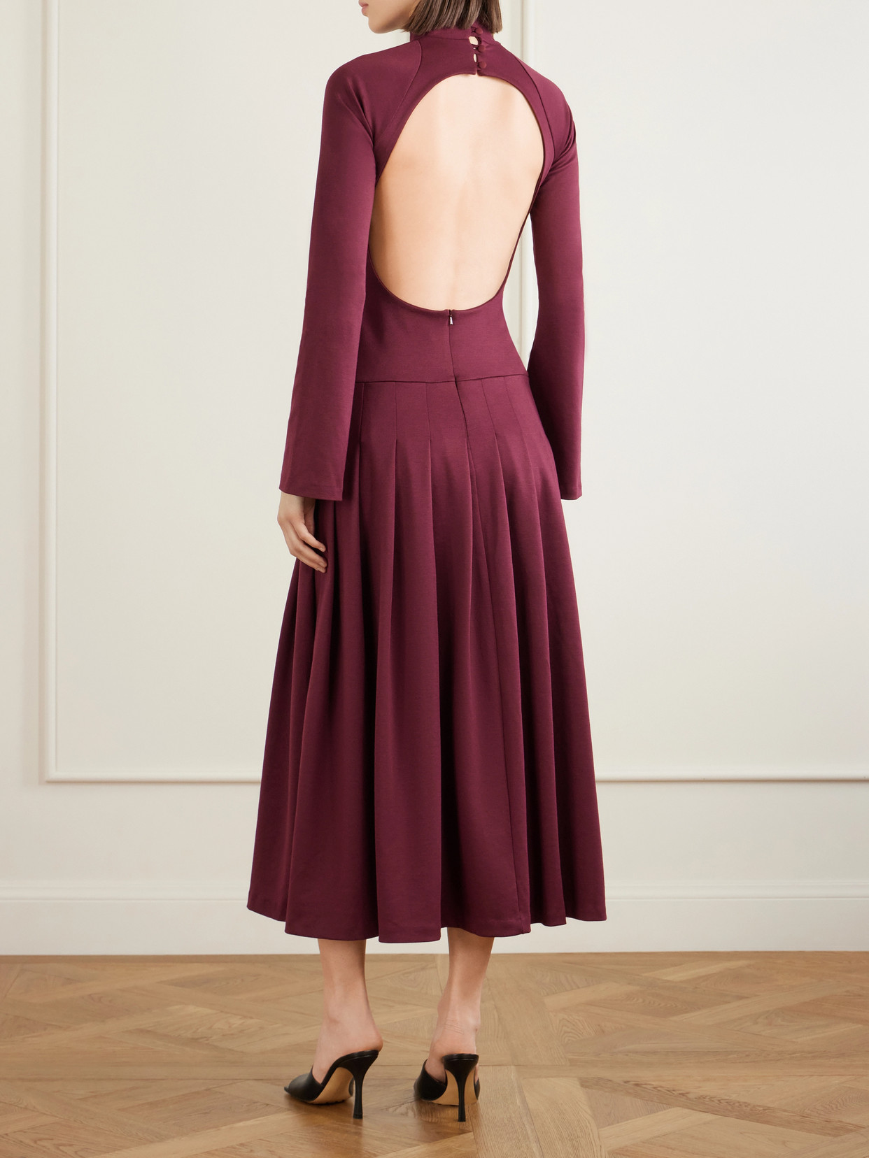 Open-back Cutout Pleated Jersey Turtleneck Midi Dress - Burgundy