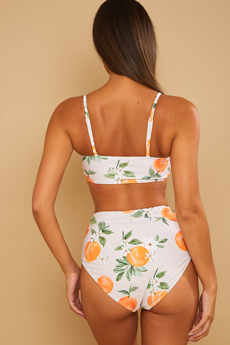 Recycled Control Orange Print Ruched Detail High Waisted Bikini Bottoms