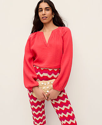 Ann Taylor Cotton Gauze Split Neck Blouse