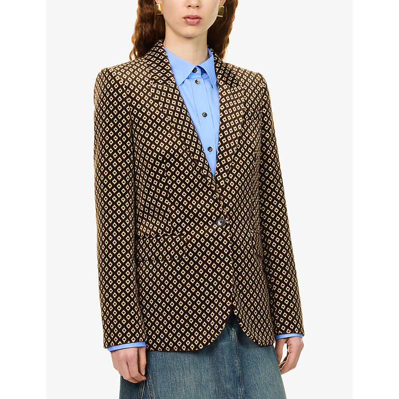 Womens Sharp Shoulder Geometric-Print Velvet Blazer