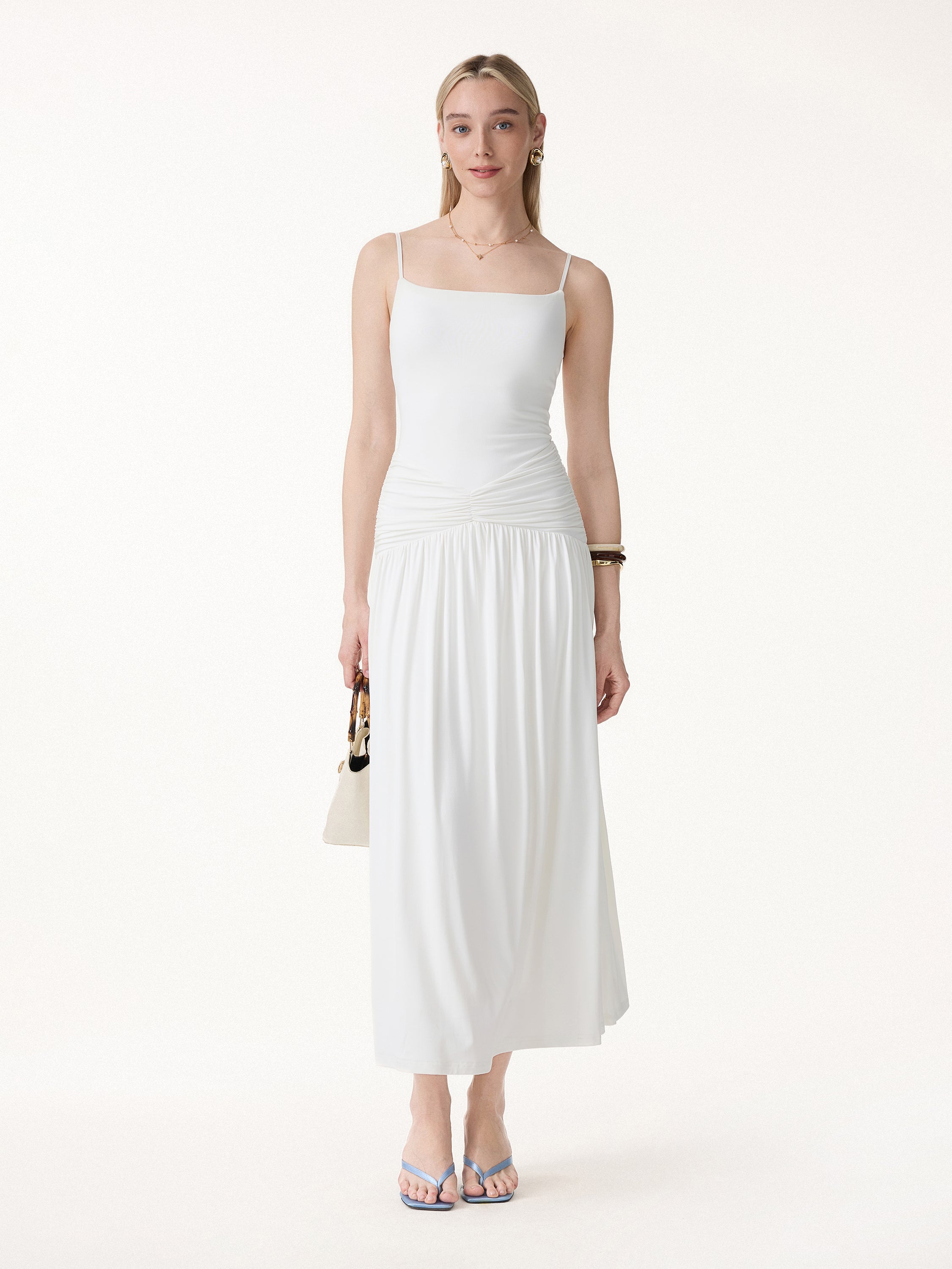 Not-See-Thru Spaghetti Gathered Maxi Bra Dress - Pure White