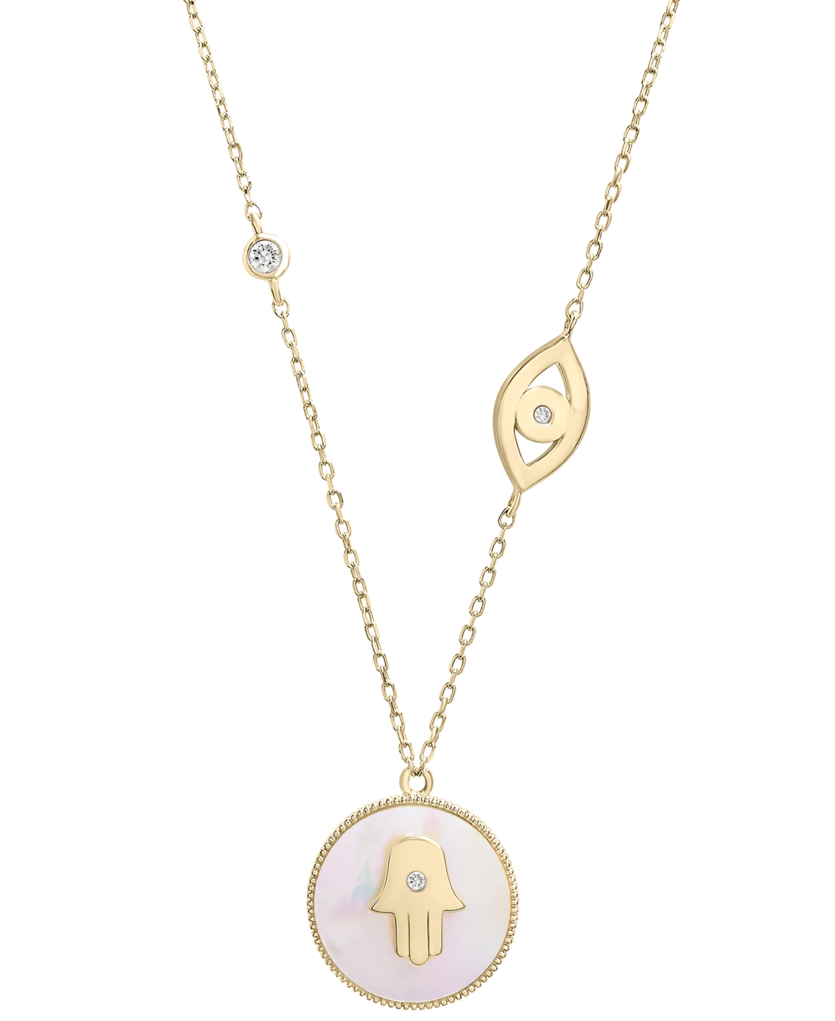 "Mother-of-Pearl (10mm) & Cubic Zirconia Hamsa Hand & Evil Eye Pendant Necklace in 14k Gold-Plated Sterling Silver, 16"" + 2"" extender - Gold Over Silve"