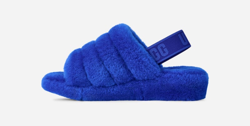 ® Women's Fluff Yeah Slide Sheepskin Slippers in Regal Blue/Dazzling Blue