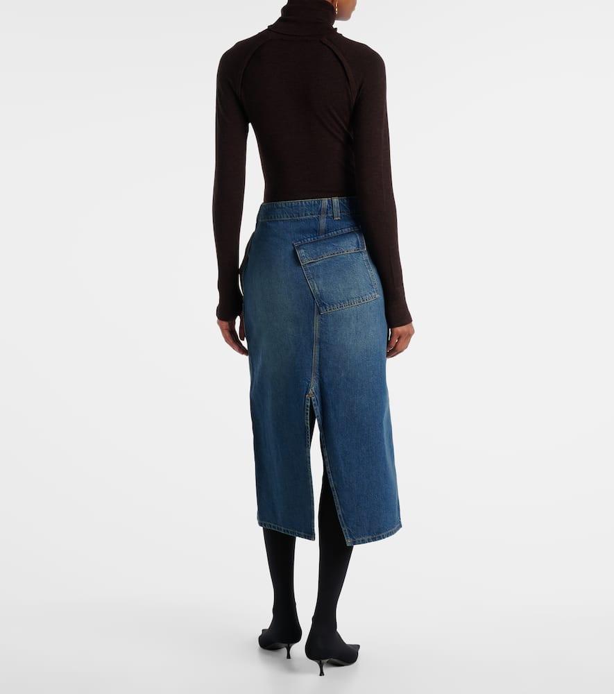 Asymmetric denim midi skirt
