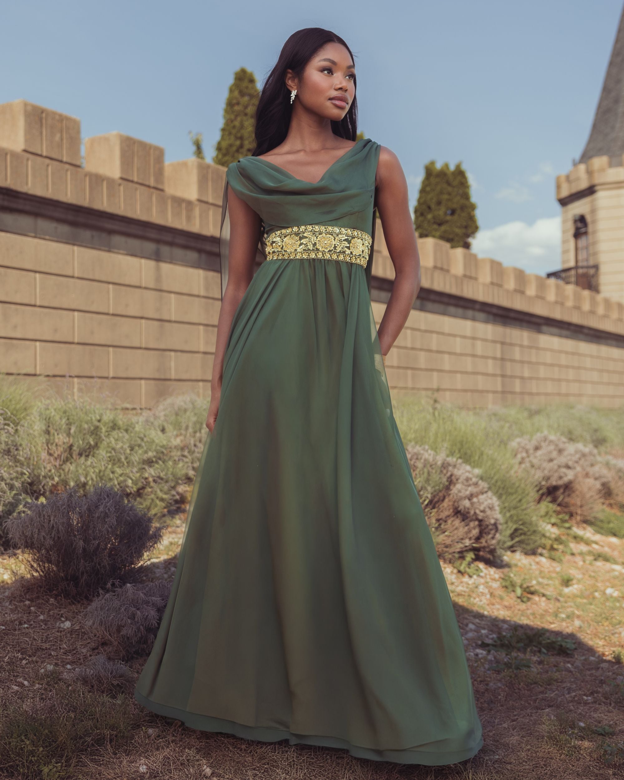 Olive Cowl Chiffon Gown With Embellished Waist