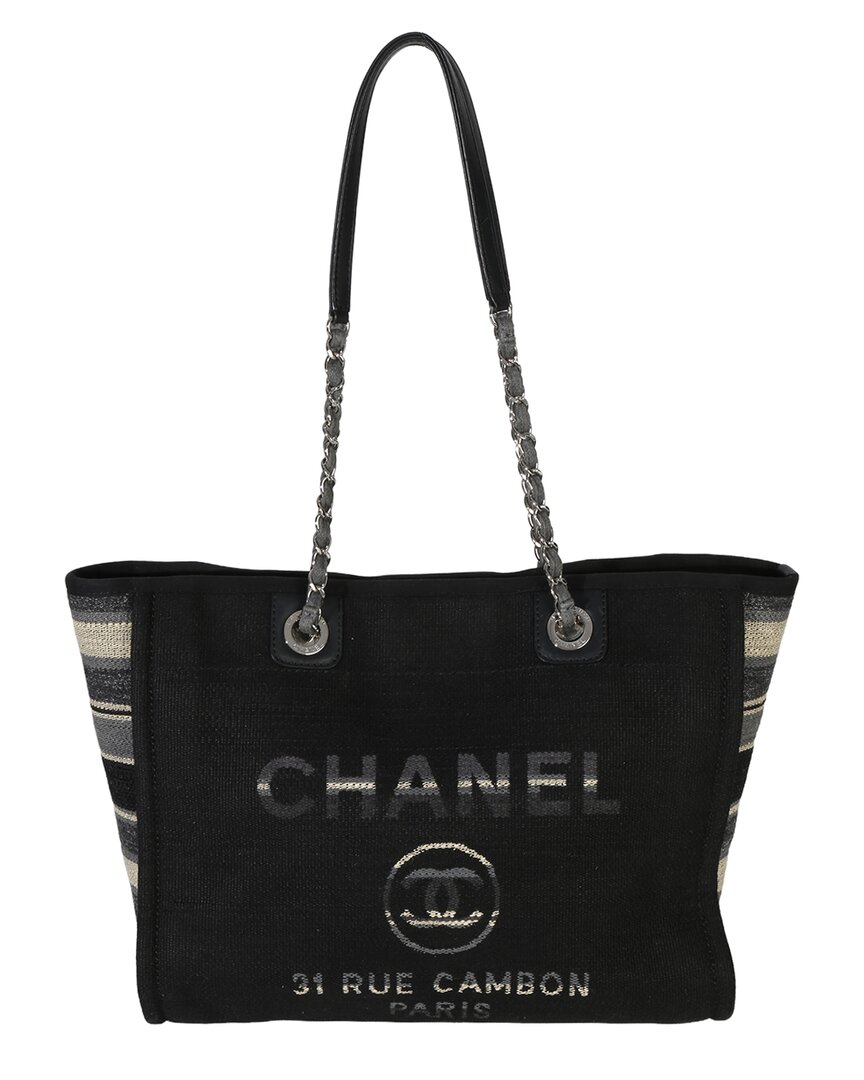 Black Canvas Striped Small Deauville Shopping Tote (Authentic Pre-  Loved)