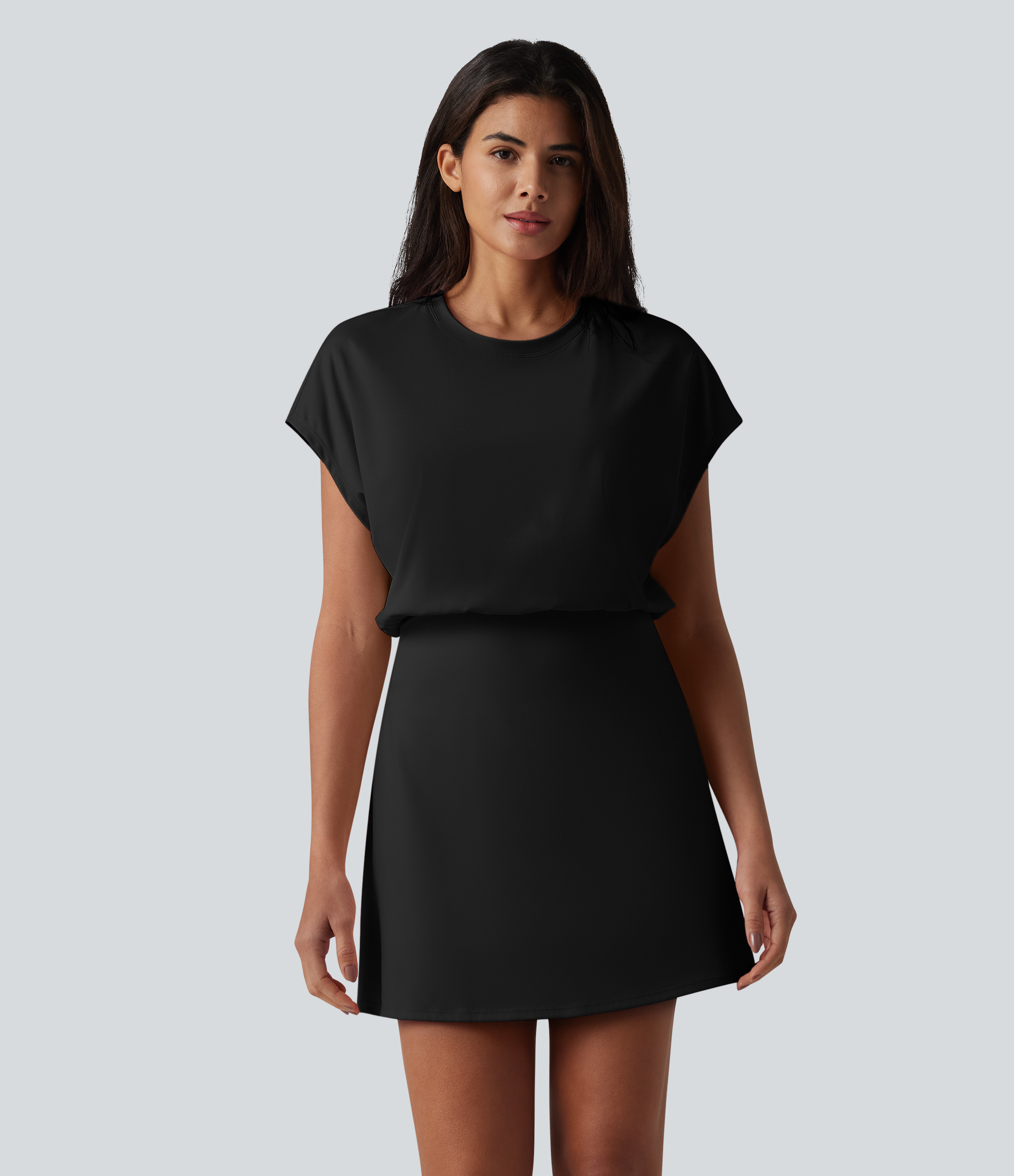 SoftlyZero™ Airy Round Neck Short Sleeve 2-in-1 Cool Touch Mini Yoga Active Dress with Pockets-Easy Peezy Edition Workout Dress - Black