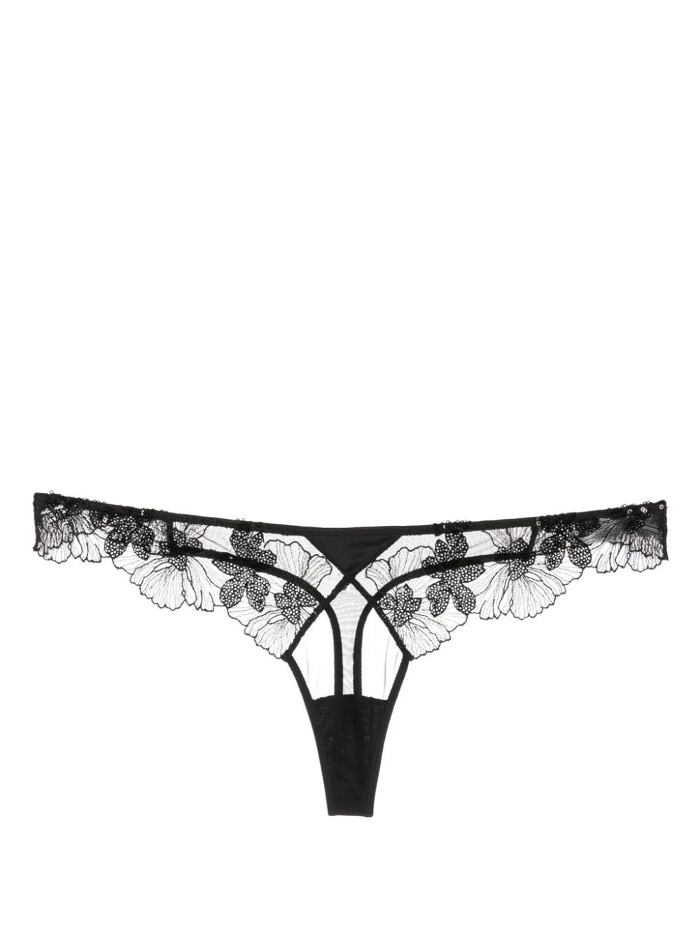 Floral-lace sheer thong - Black