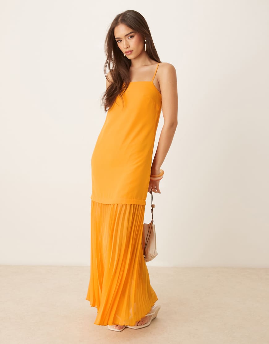 Dropped waist pleated skirt cami midi dress in orange