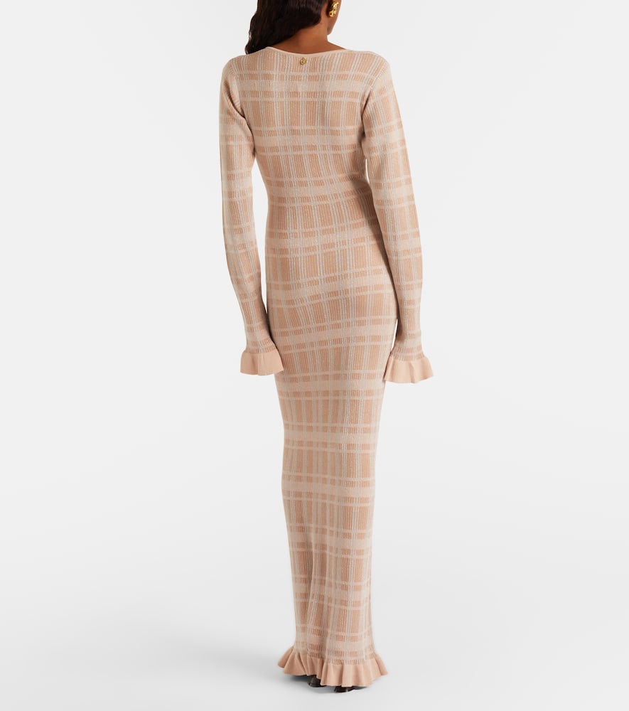 Ether checked ribbed-knit ruffled maxi dress