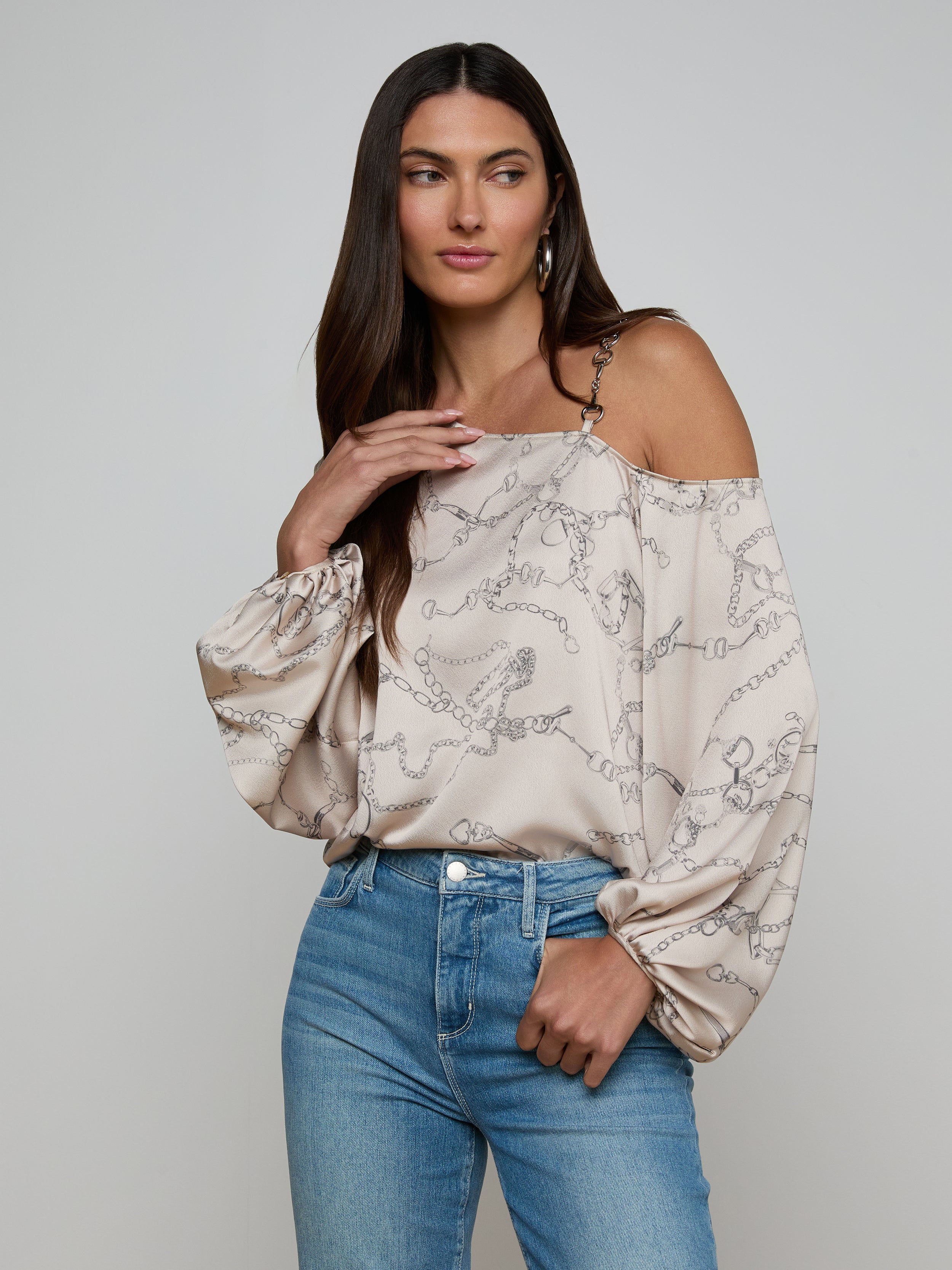 Asami Chain One-Shoulder Blouse Top In Soft Macadamia Multi Small Horsebit Chain