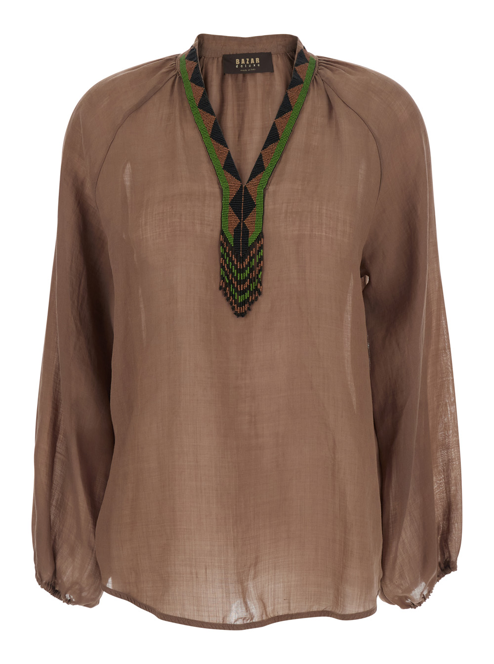 Womens Brown Cotton V-Neck Long Sleeve Shirt Glass Ramie And Blouses - Women