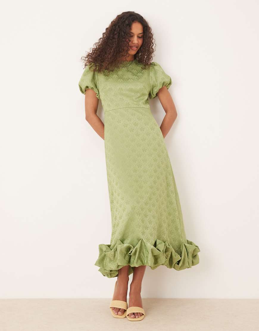 Sister Jane puff sleeve bubble hem maxi dress in soft olive-Green