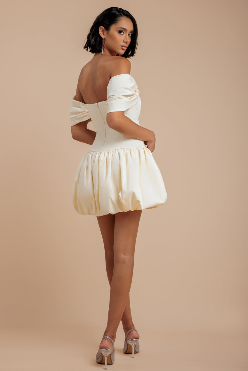 Goddiva Bardot Babydoll Corset Mini Dress - Crea