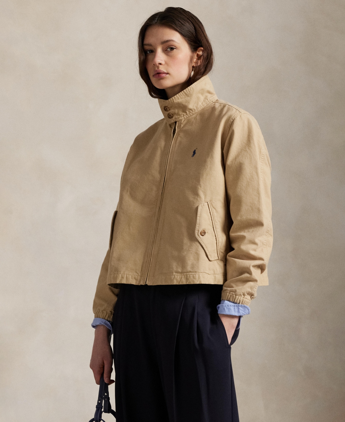 Women's Canvas Stand Collar Jacket - Beige