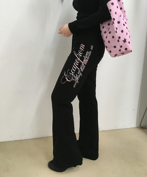 Flower Lettering Print Bootcut Sweatpants Black