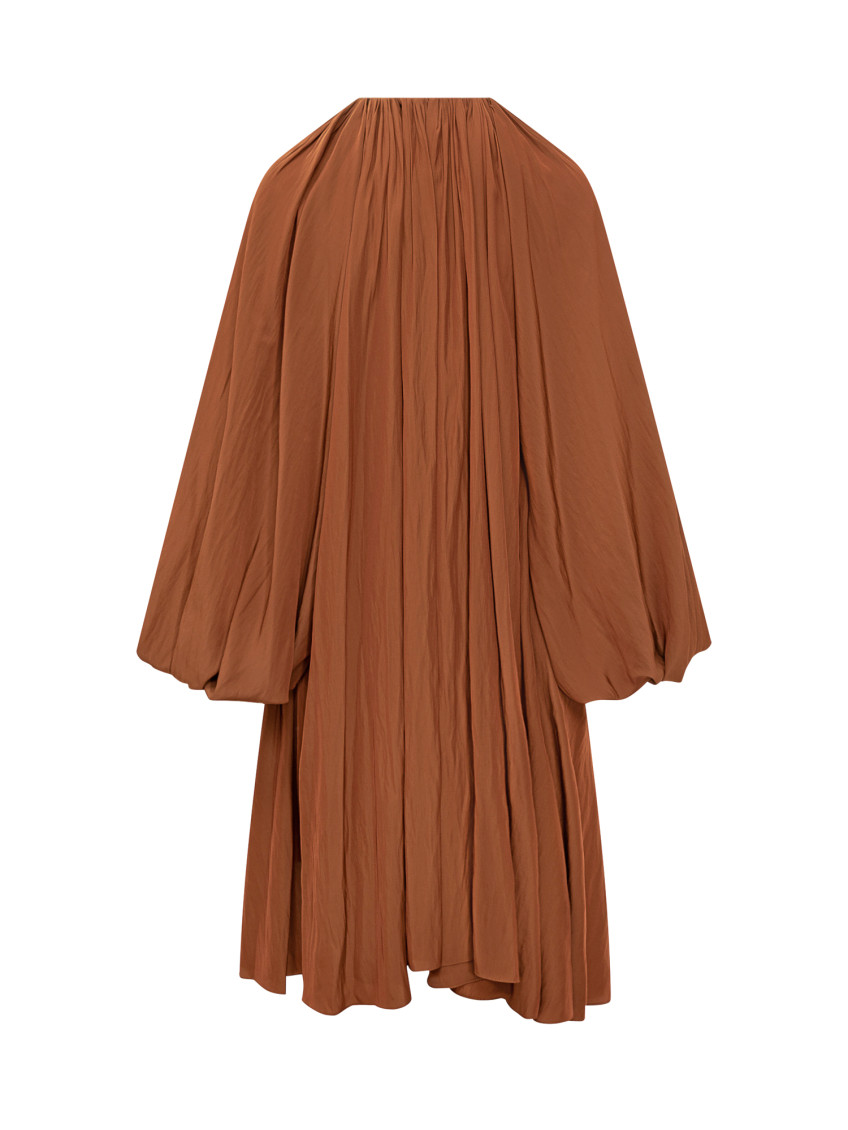 Orange Pleated Round Neck Midi Dress