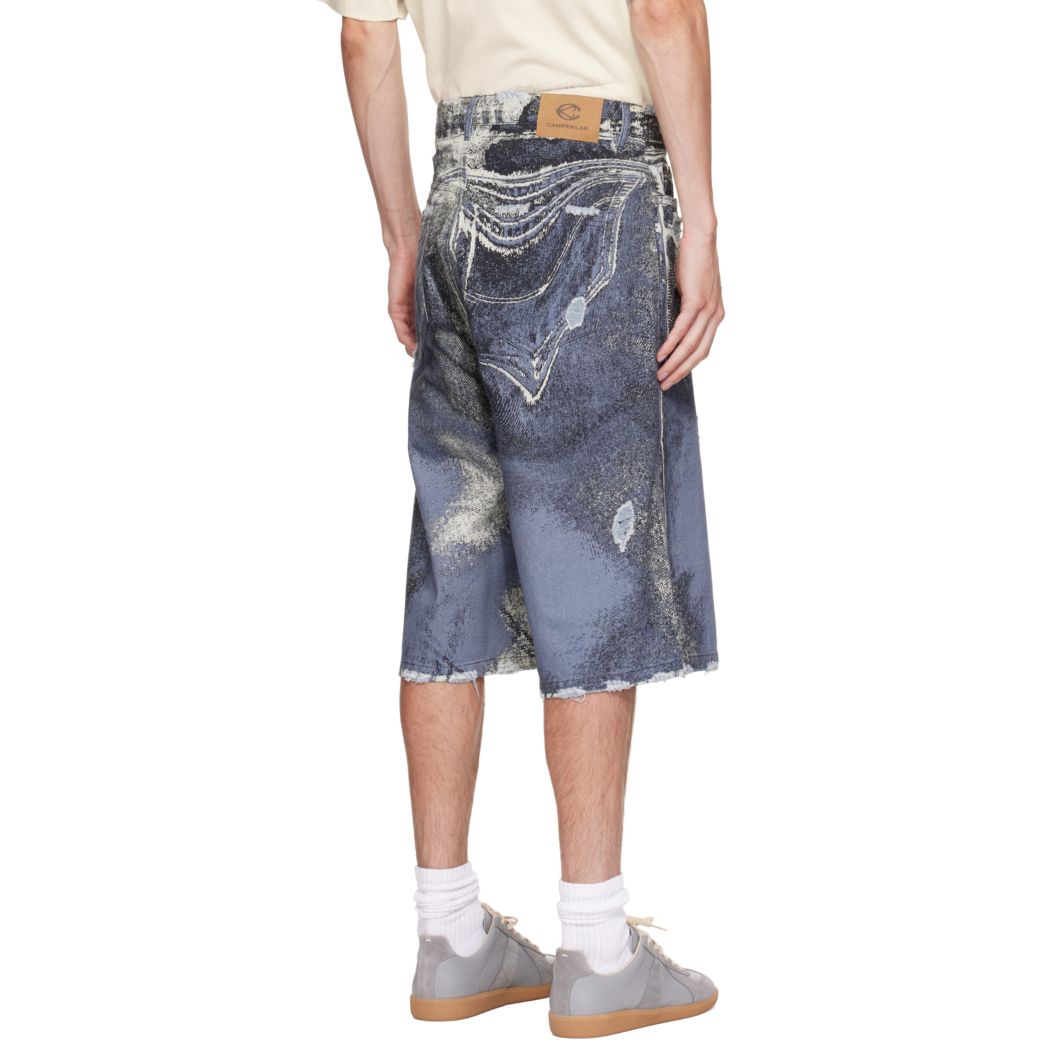 Blue Distorted Print Distressed Denim Shorts