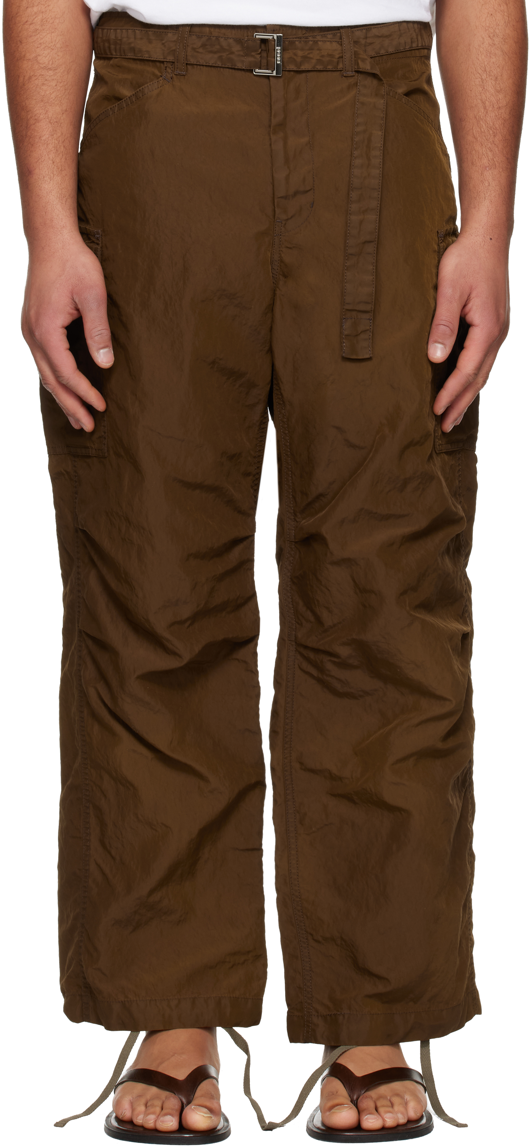 Brown Treated Nylon Twill Cargo Pants