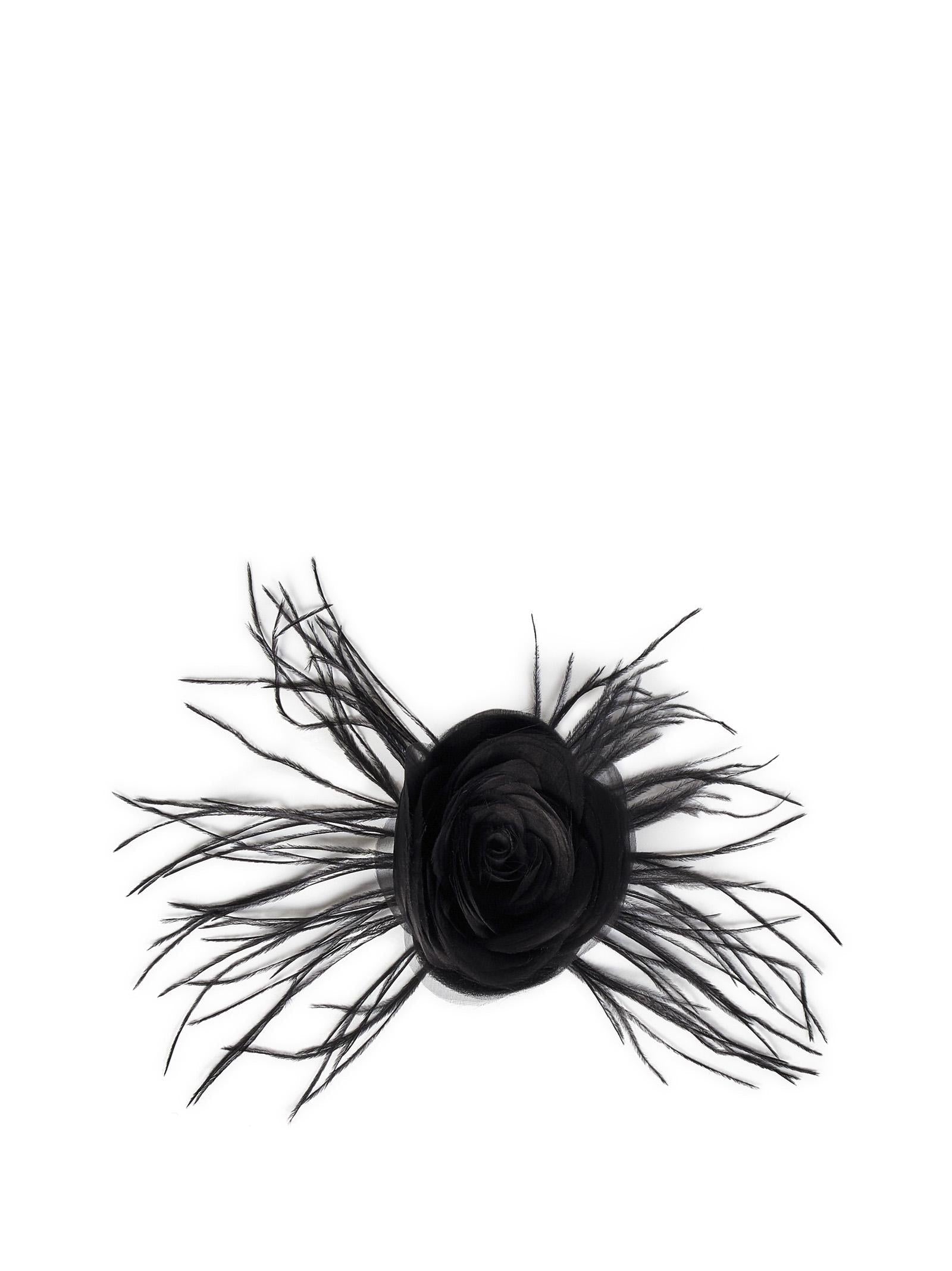 Georgette Rose with Feathers Hair Brooch — Black