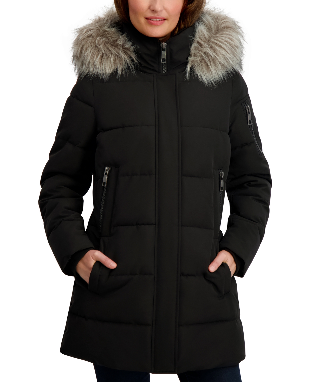 Women's Faux-Fur-Trim Hooded Puffer Coat - Black