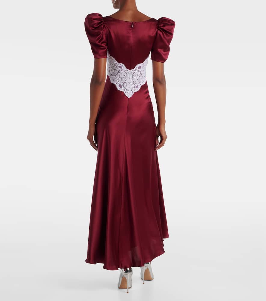 Floral-appliqué lace-trimmed silk gown
