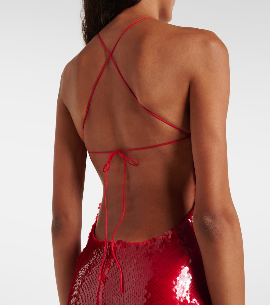 Floral-appliqué sequined halterneck minidress