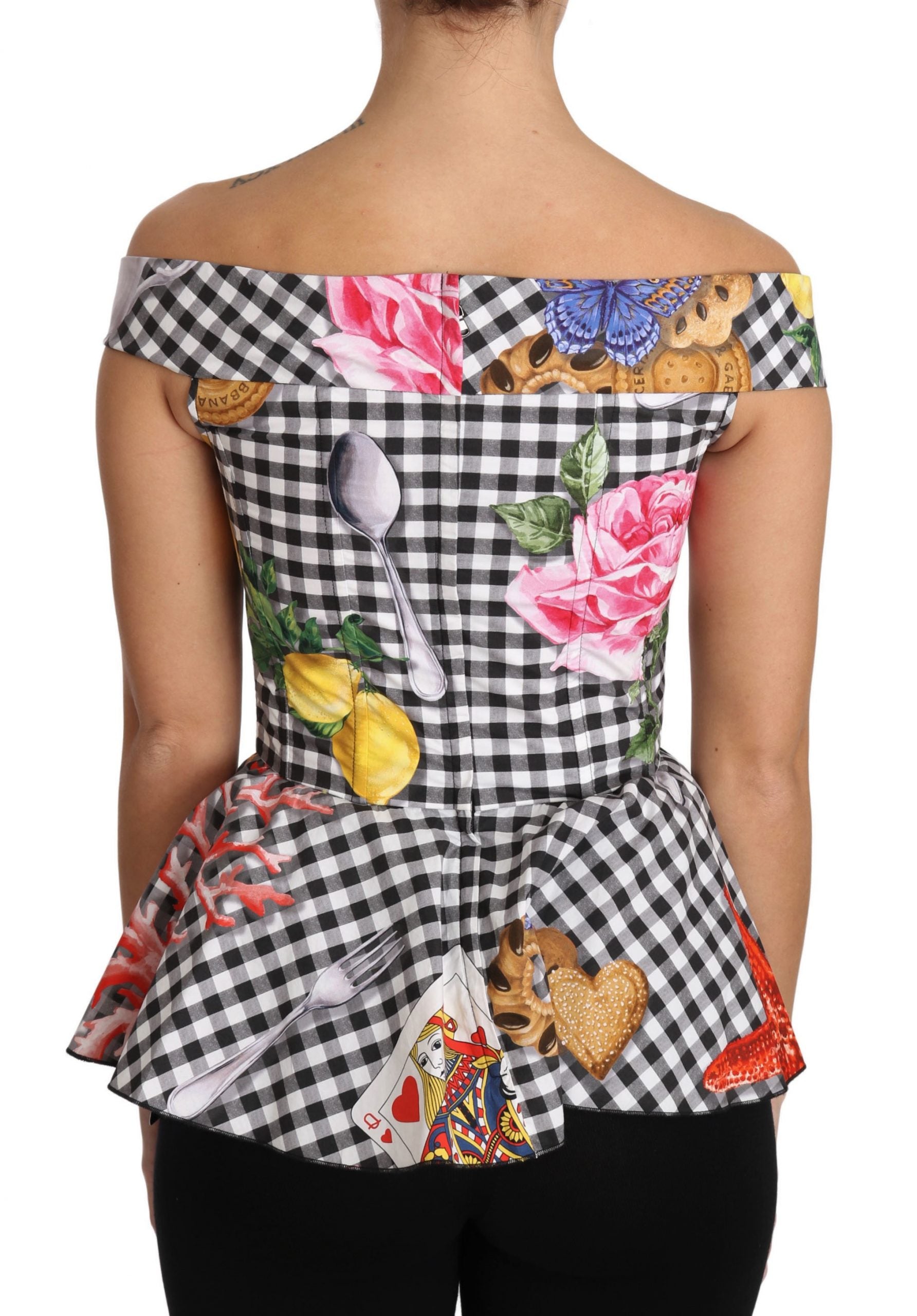 Black & White Gingham with Sicily Print Blouse — Black