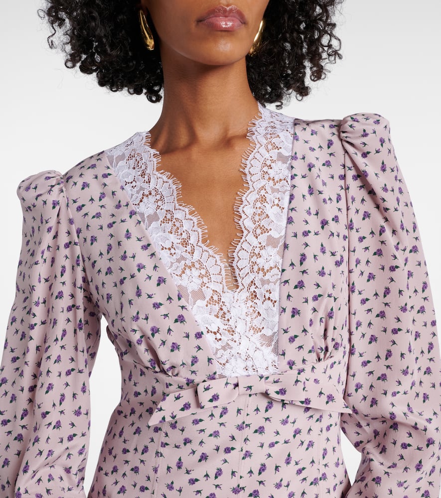 Floral lace-trimmed silk midi dress